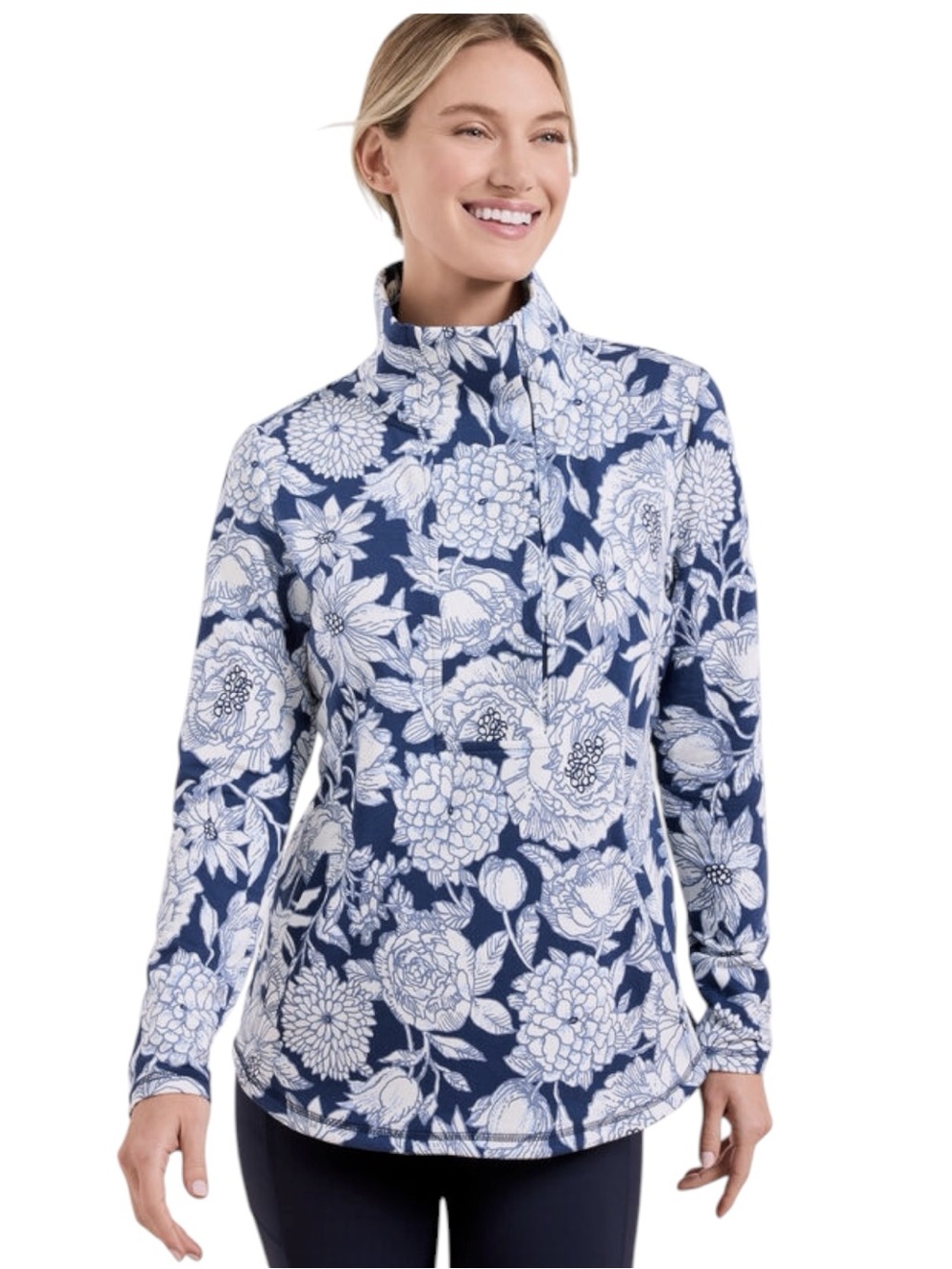 Talbots Blue/White Etched Floral Modal French Terry Snap Placket Pullover (XS/S)